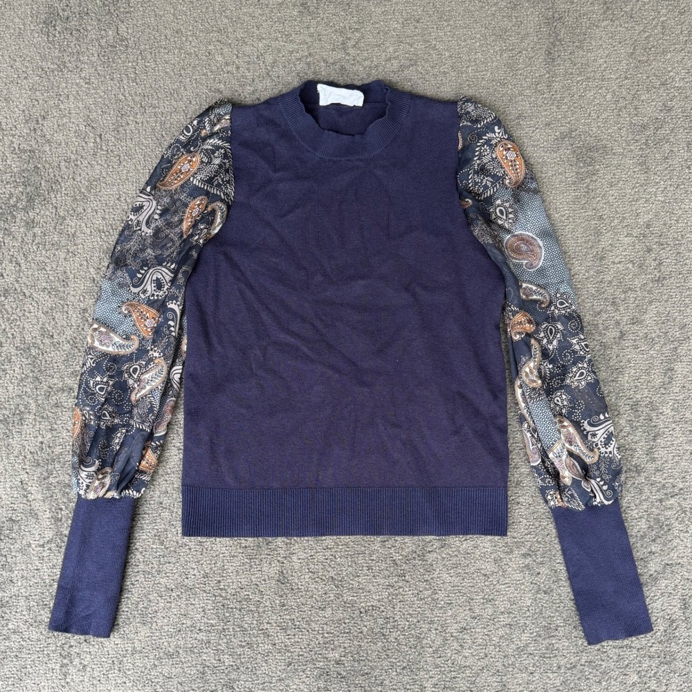 SIX/FIFTY Navy Knit Sweater Sheer Paisley Balloon Sleeve Crew Neck Small